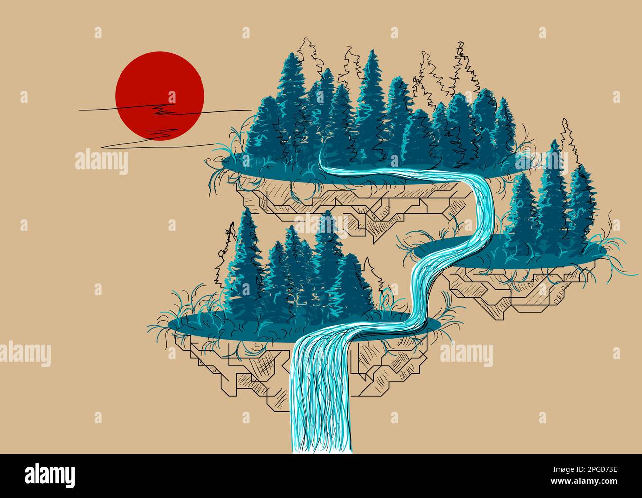 forest vector abstract illustration with sun and river Stock Vector