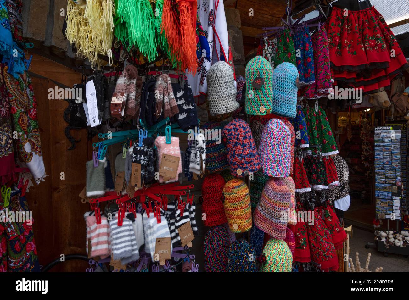 Zakopane, Poland. View of Souvenir shop on the street selling winter woolen clothes and collectibles captured at Zakopane, Poland. Stock Photo