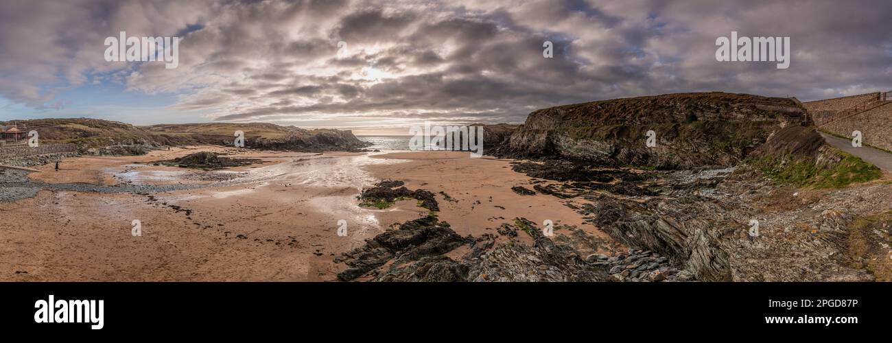 Panoramic view of Porth Dafarch beach, Anglesey, North Wales Stock Photo