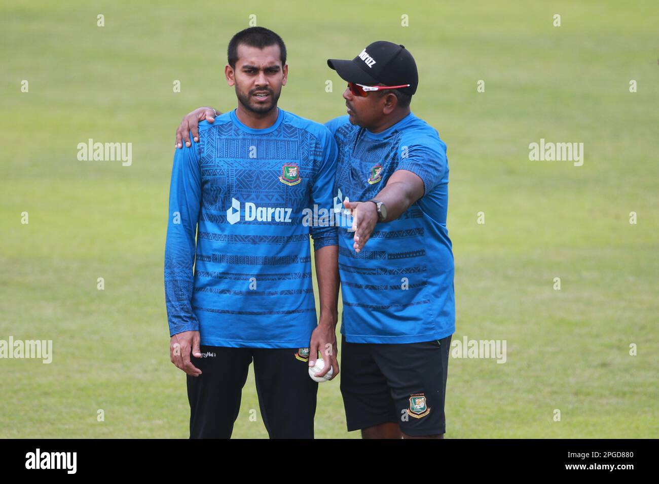 Mehidy Hasan Miraz and spin bowling coach Rangan Herath during