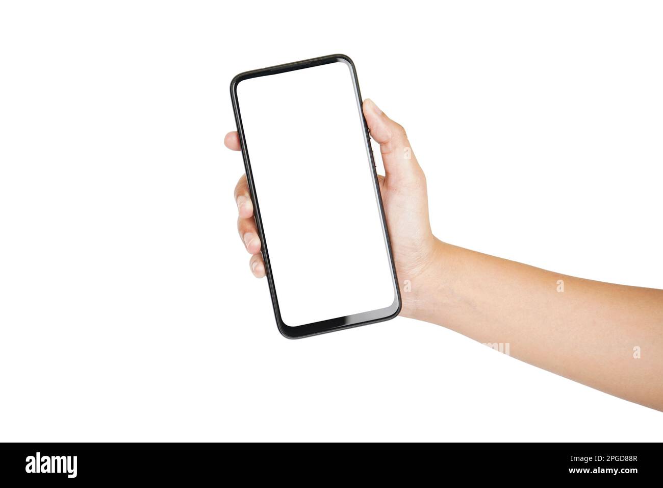 Blank screen smartphone in hand isolated on white background with ...