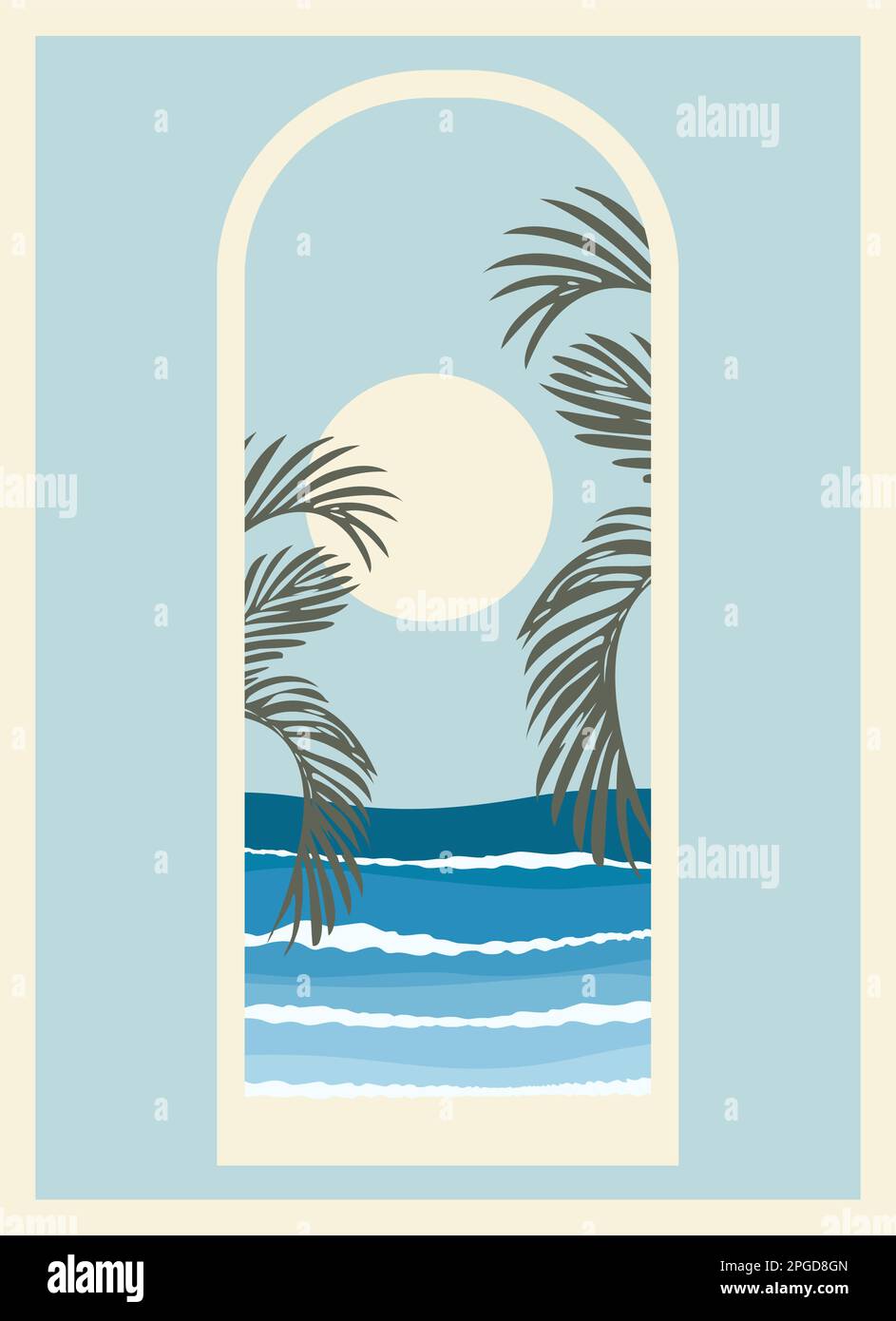 Minimalist seaside landscape view through window. Sea and palms poster. Minimalistic style architecture. Stock Vector