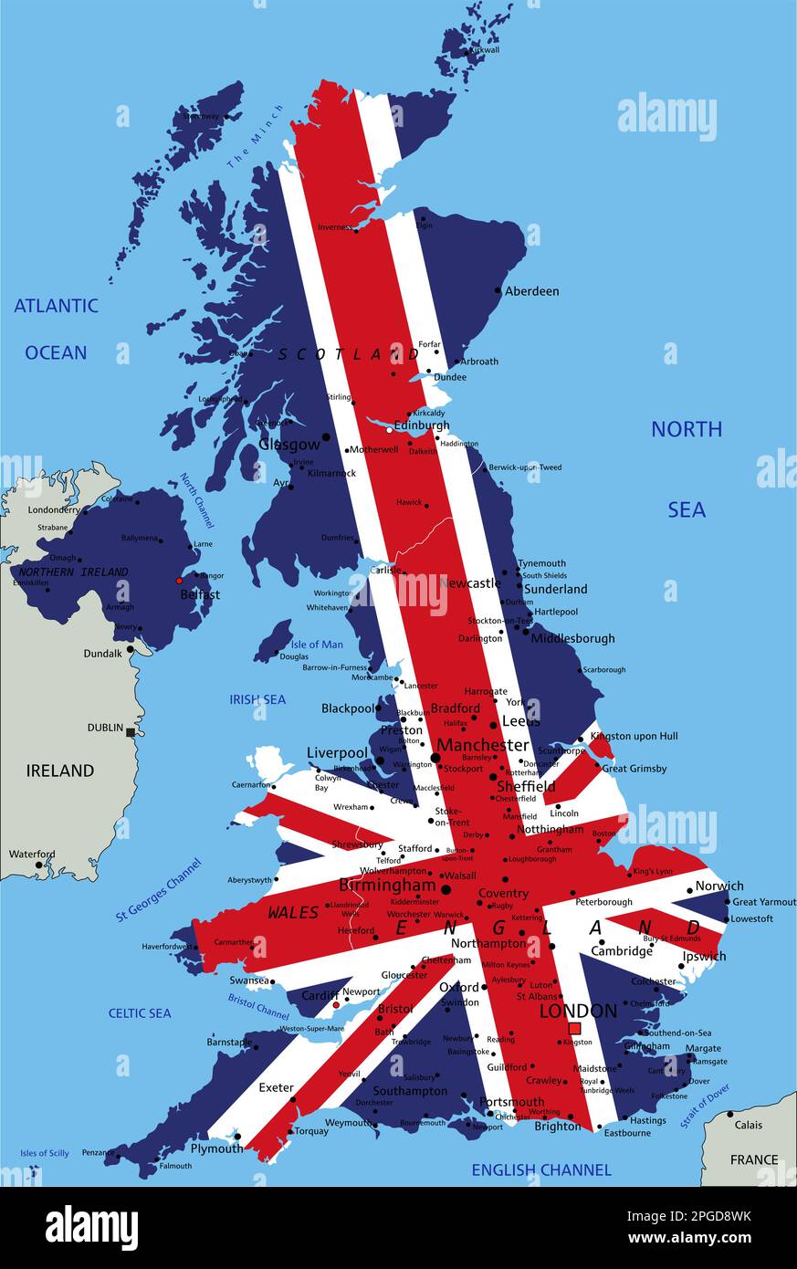 United Kingdom highly detailed political map with national flag. Stock Vector