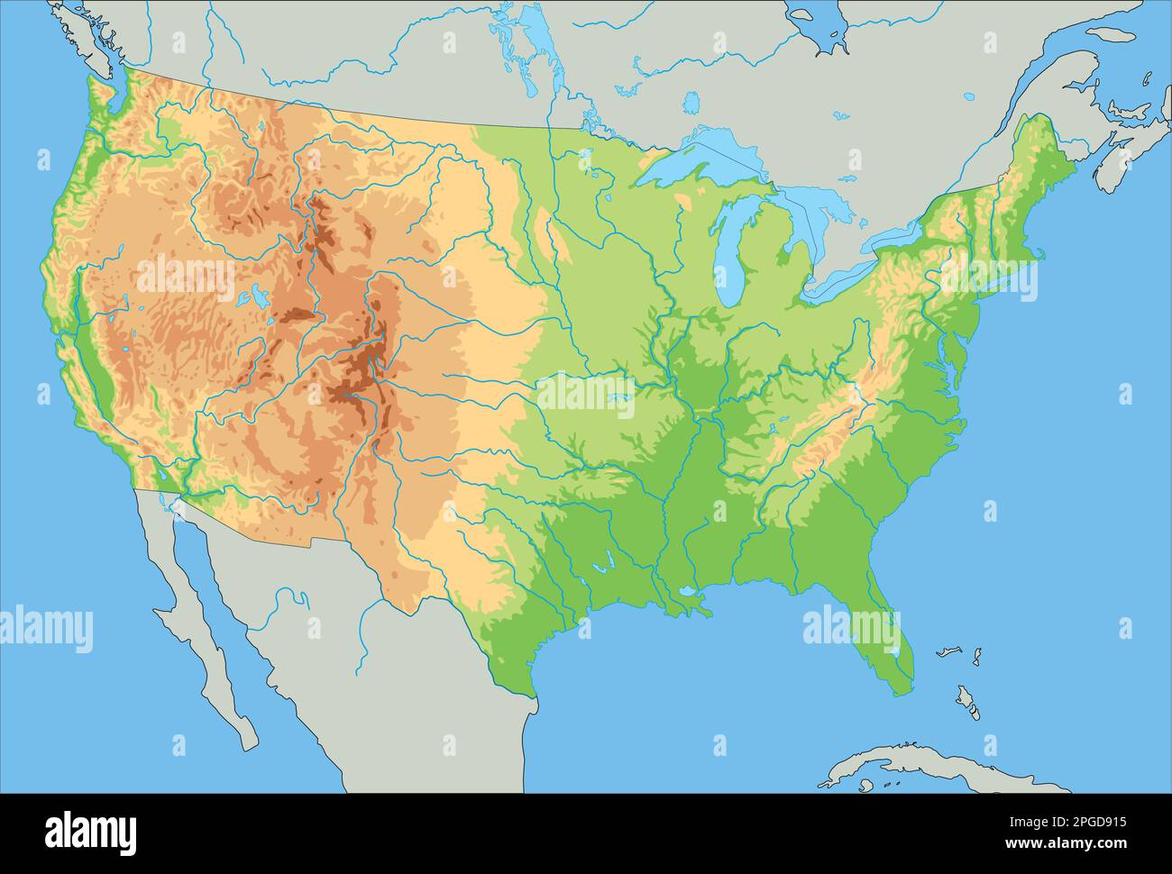 High detailed United States of America physical map. Stock Vector