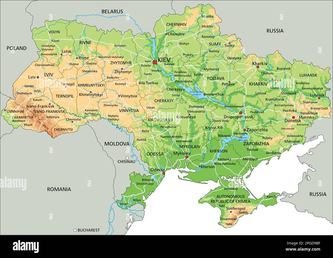 High detailed Ukraine physical map with labeling Stock Vector Image ...