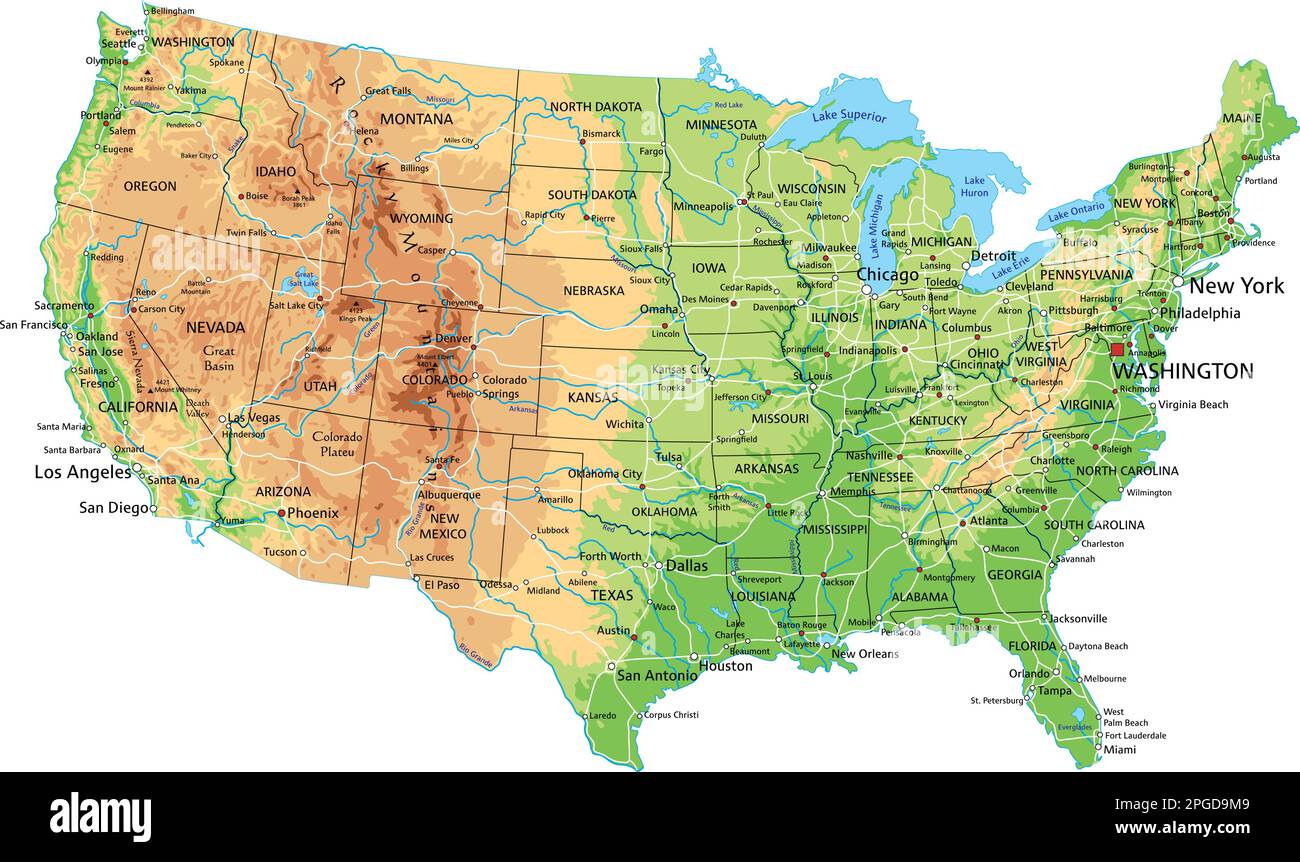 High detailed United States of America physical map with labeling. Stock Vector