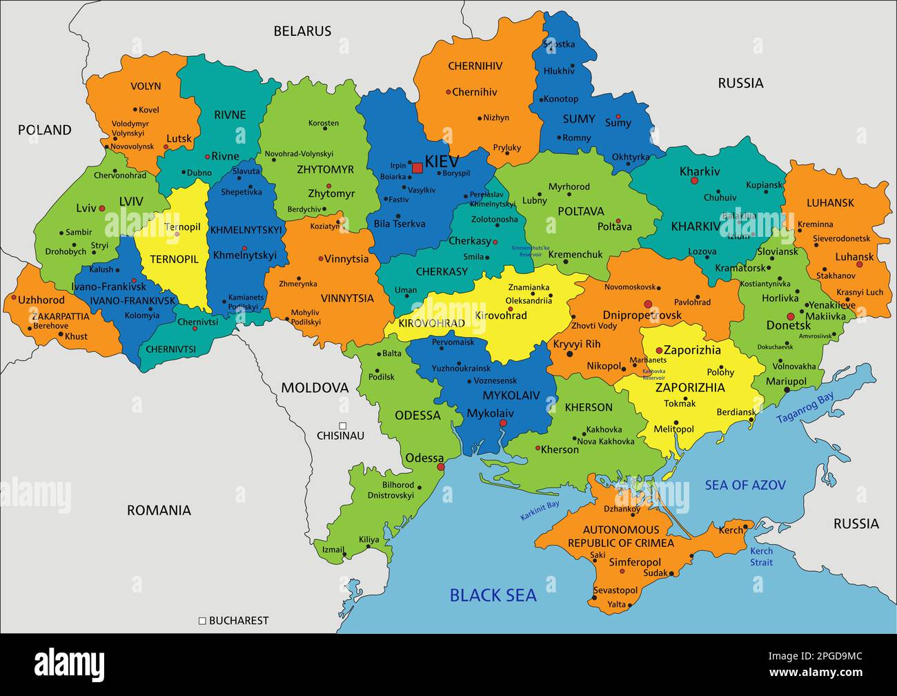 Colorful Ukraine political map with clearly labeled, separated layers ...