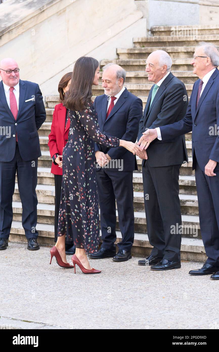 Madrid. Spain. 20230322,  Queen Letizia of Spain attends Nebrija (c. 1444-1522)' Exhibition. The pride of being a grammarian 'Grammaticus Nomen est Professionis', in the framework of the activities taking place for the 5th centenary of the death of Elio Antonio de Nebrija at National Library on March 22, 2023 in Madrid, Spain Stock Photo