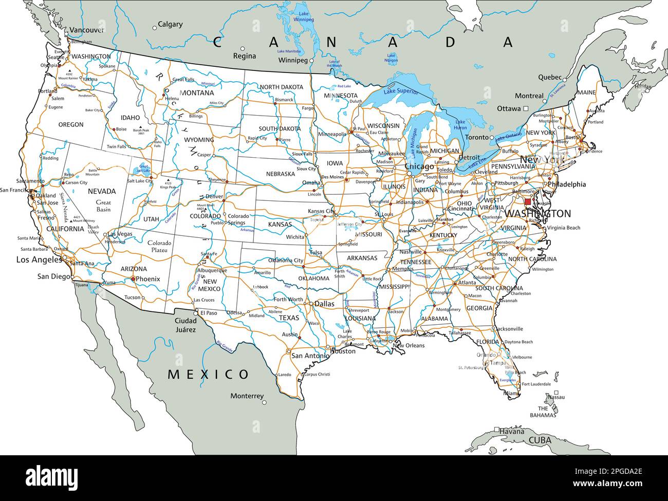 High Detailed United States Of America Road Map With Labeling Stock 