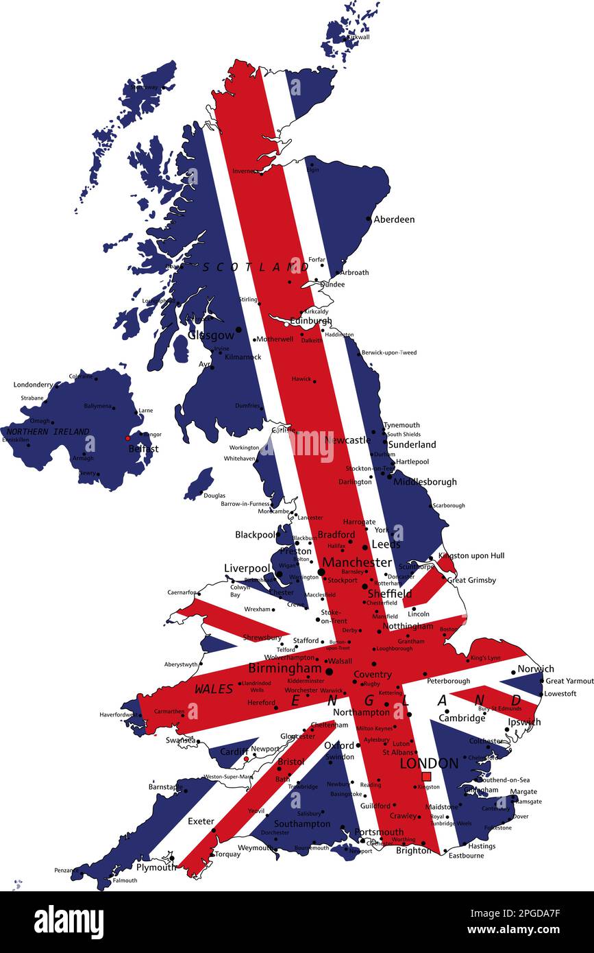 United Kingdom highly detailed political map with national flag. Stock Vector