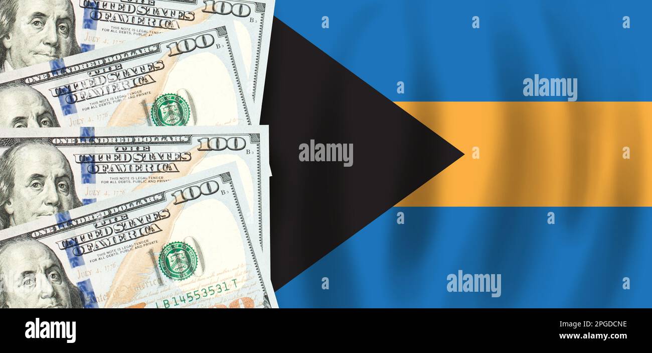 Dollars on flag of Bahamas, Bahamian finance, subsidies, social support, GDP concept Stock Photo