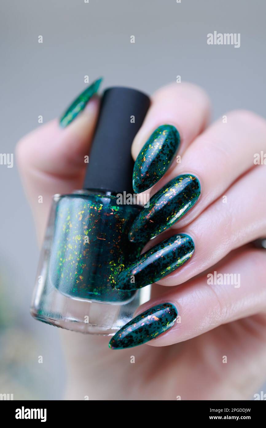 Woman s Hand With Long Nails And Dark Green Nail Polish Stock Photo Alamy