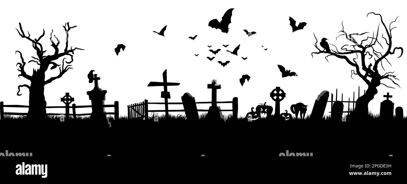 Black cemetery silhouette, tombstones, flying bats Stock Vector