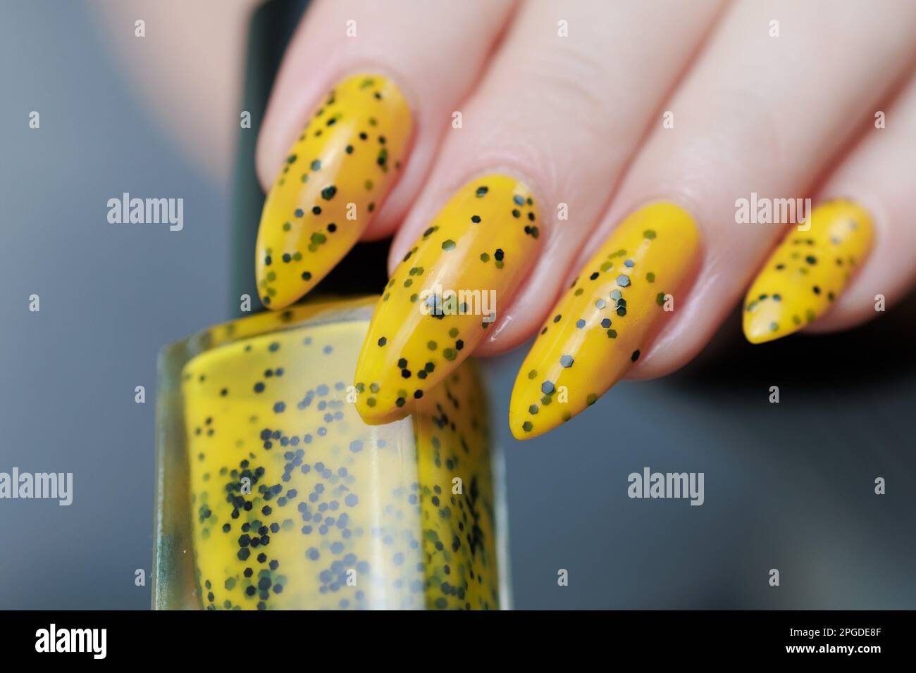 Female beautiful hand with long nails and a yellow and black nail polish Stock Photo