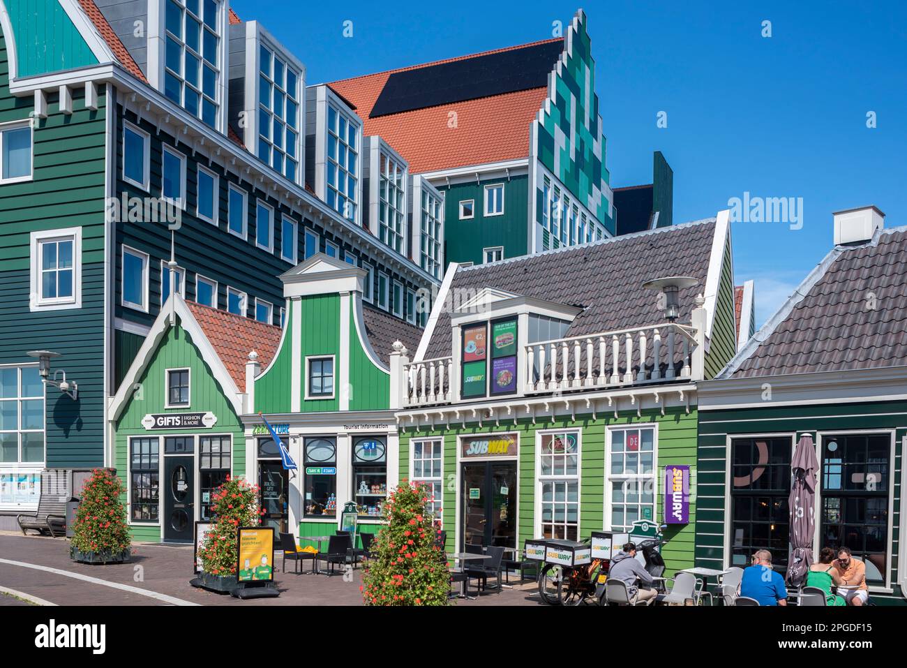 Modern architecture in historical style, restaurants and shops on the Stadhuisplein, Zaandam