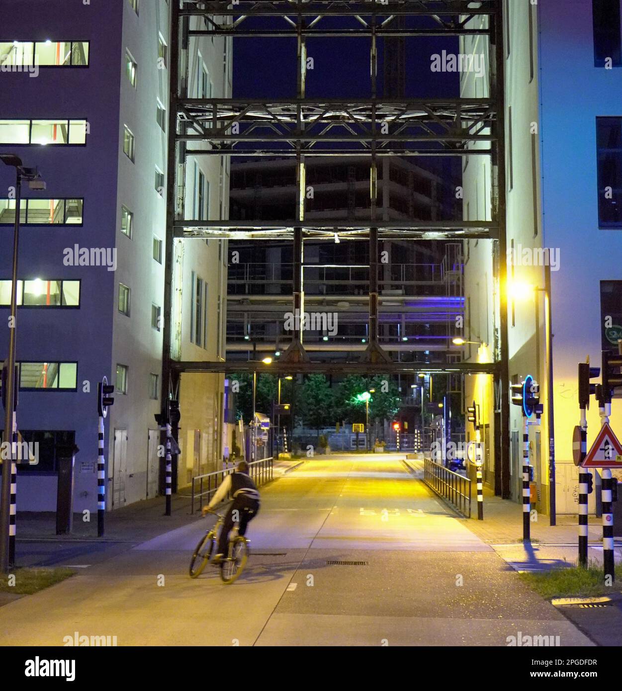 Nighttime pictures of Streets in dutch city of Eindhoven where you can see some architecture and greenery. Stock Photo