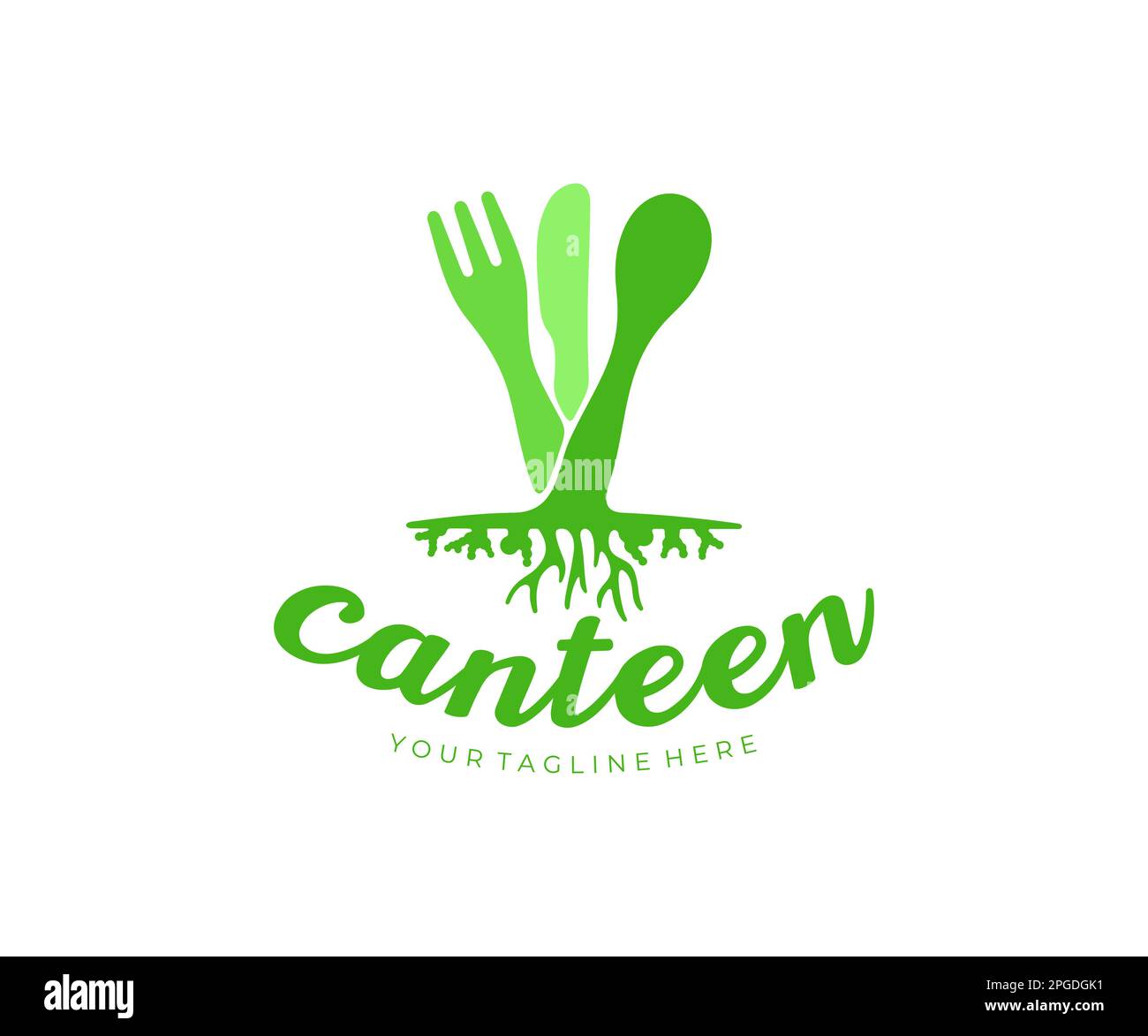 Food, fork, spoon, knife in the form of a plant with roots, logo design. Meal, canteen, catering and eatery, vector design and illustration Stock Vector