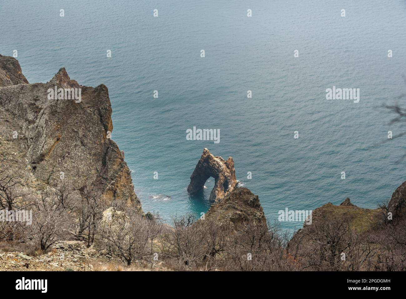 Top view of Golden Gate rock in the Black sea. Karadag Reserve in early ...