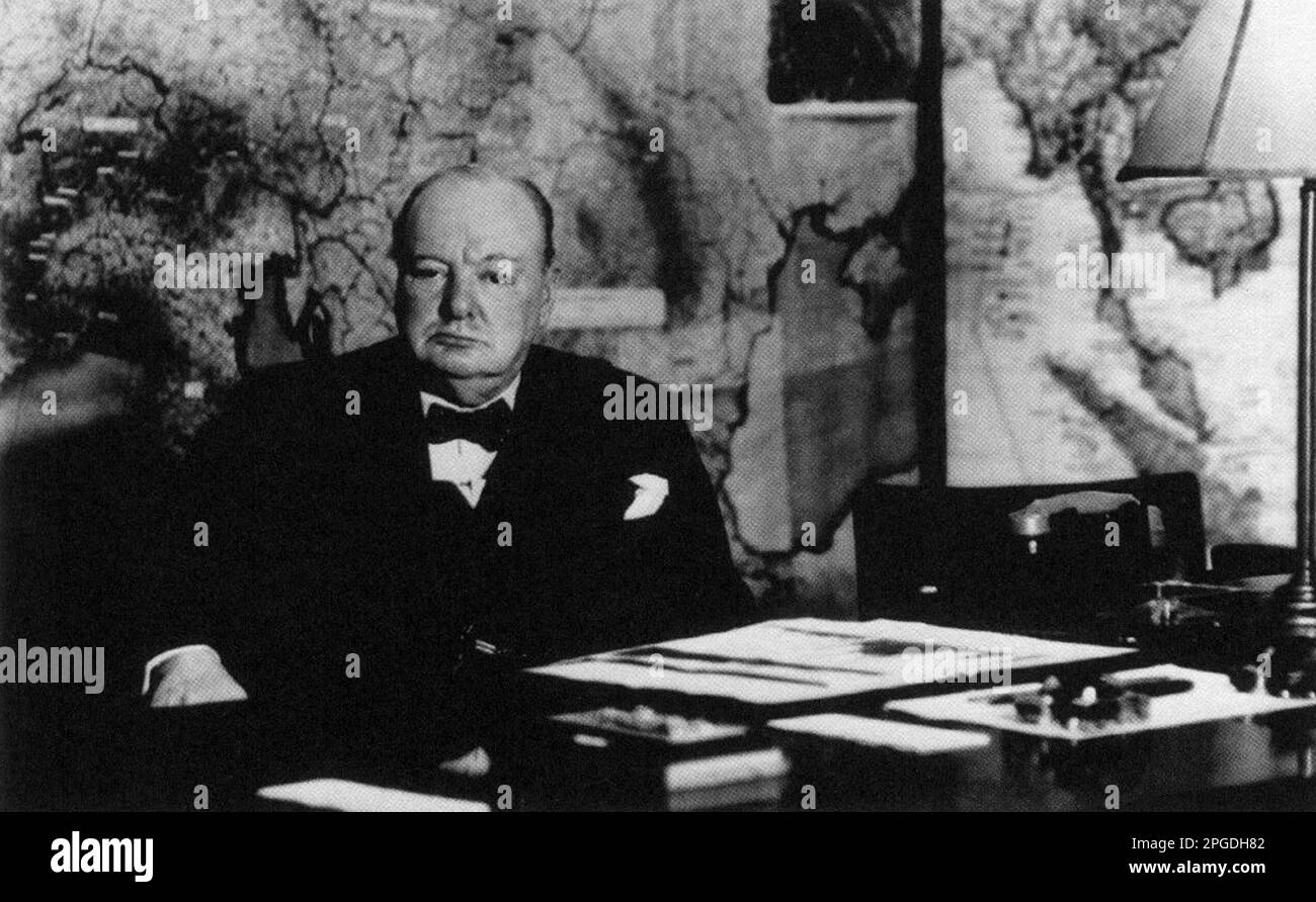 Winston Churchill in the Map Room in the underground war rooms. Whitehall. London 1945 Stock Photo