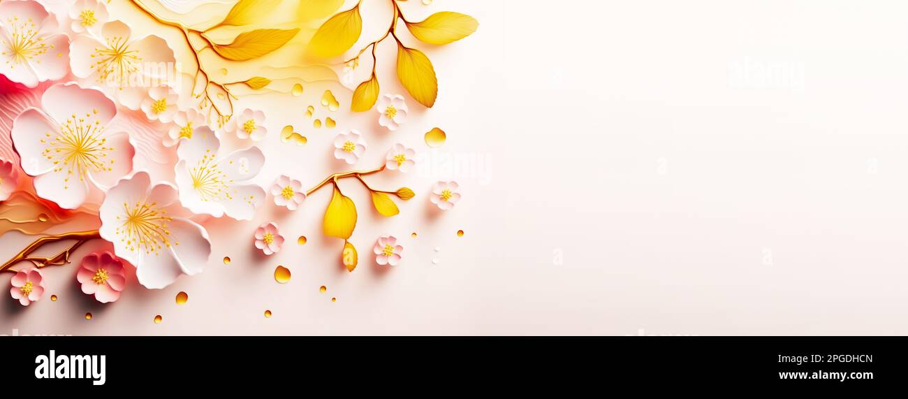 Beauty flower banner with blooming cherry blossom on pink gradient