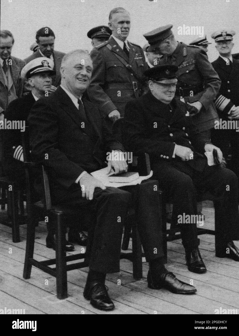 Winston Churchill with President Roosevelt at their meeting aboard USS Augusta in Placentia Bay, Newfoundland. August 1941 Stock Photo