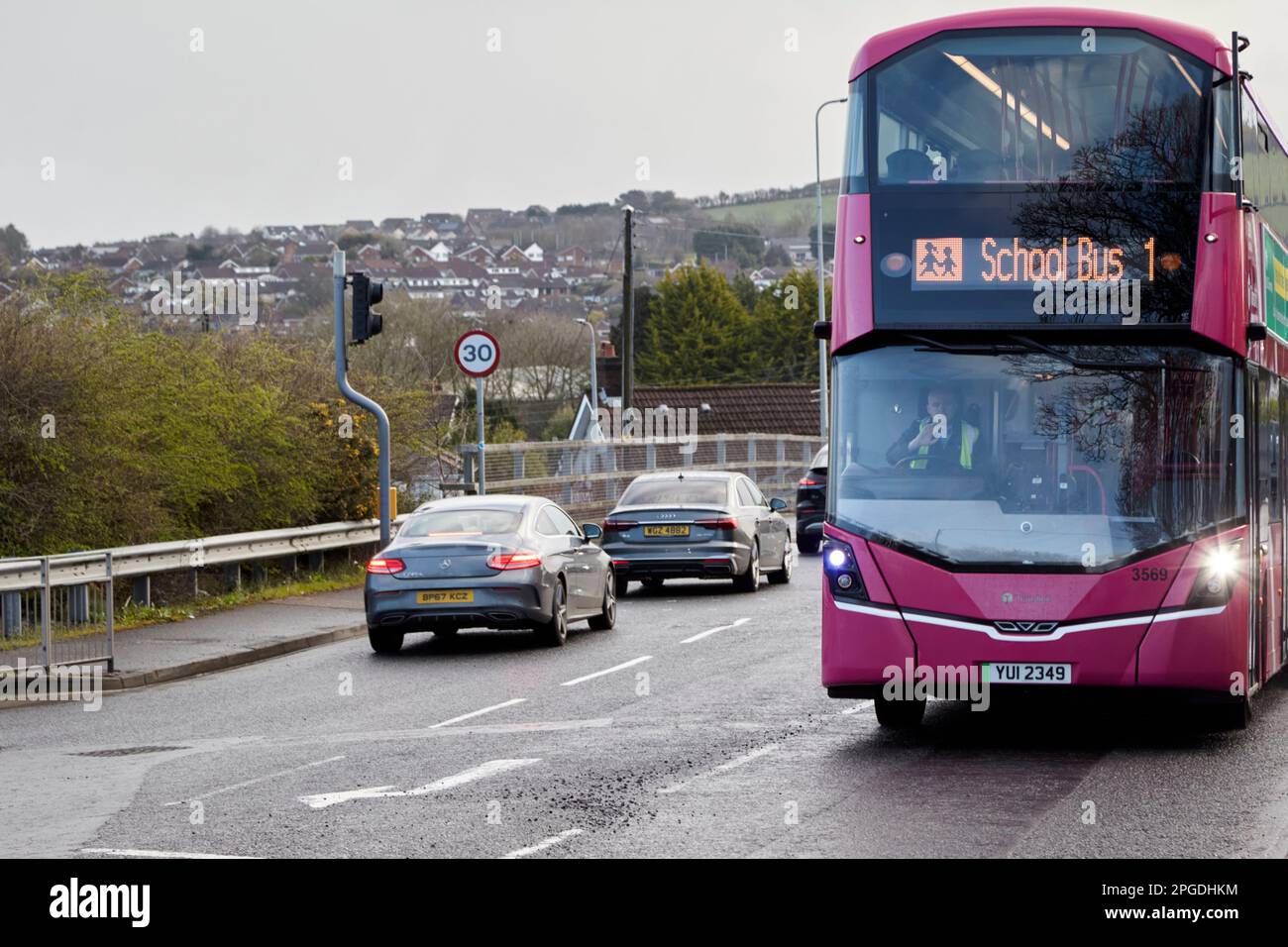 translink dedicated school bus early morning Newtownabbey, Northern Ireland, UK Stock Photo