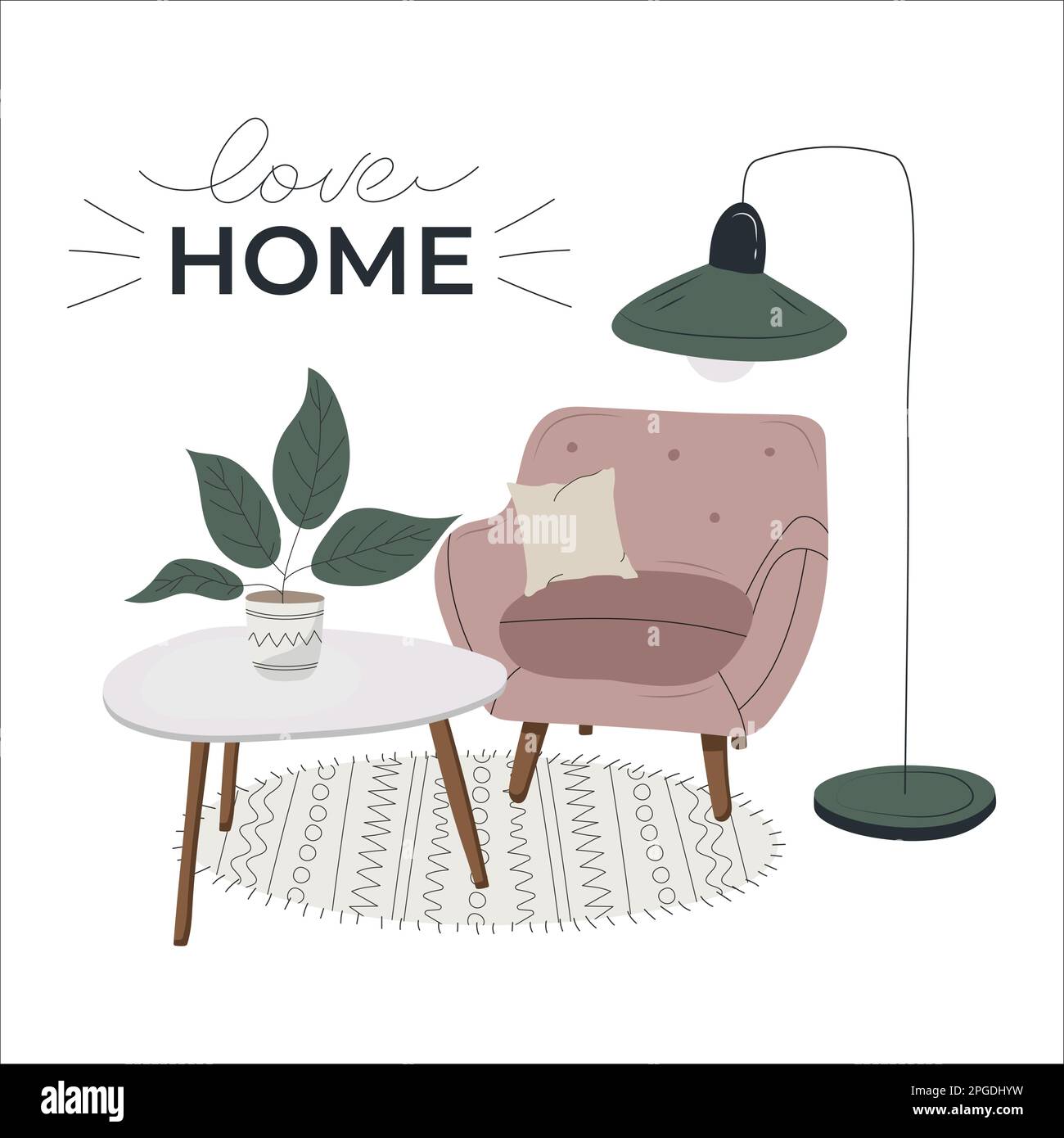 Cozy interior with armchair, indoor plant, coffee table Stock Vector