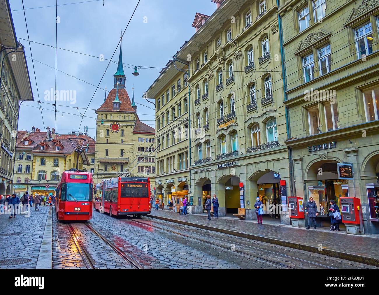 BERN, SWITZERLAND - MARCH 31, 2022: Public transport of Bern run along the main historical streets and swuzres of Altstadt district, on March 31 in Be Stock Photo