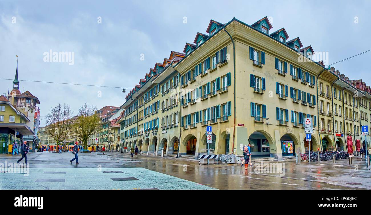 BERN, SWITZERLAND - MARCH 31, 2022: Panorama of medieval Waisenhausplatz square one of the oldest in the city, on March 31 in Bern, Switzerland Stock Photo
