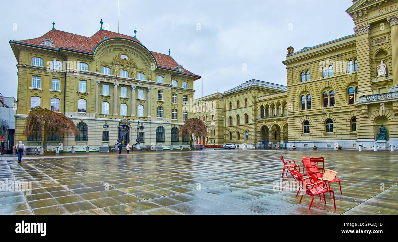 Swiss National Bank on Bundesplatz square next to Bundeshaus (Federal Palace) building in Bern, Switzerland Stock Photo