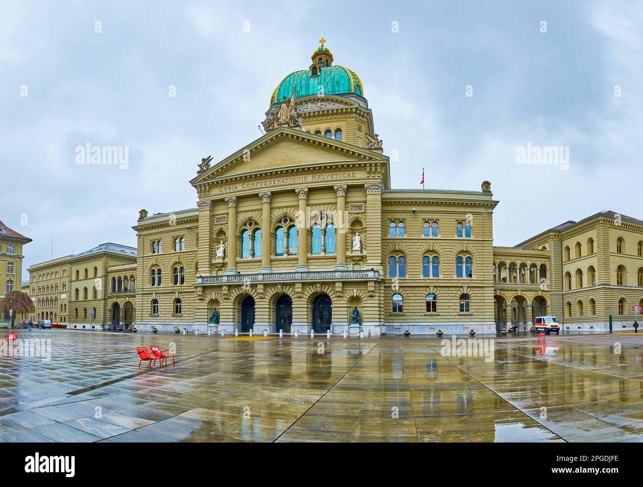 The main facade of Bundeshaus (Federal Palace) on Bundesplatz square in Bern, Switzerland Stock Photo