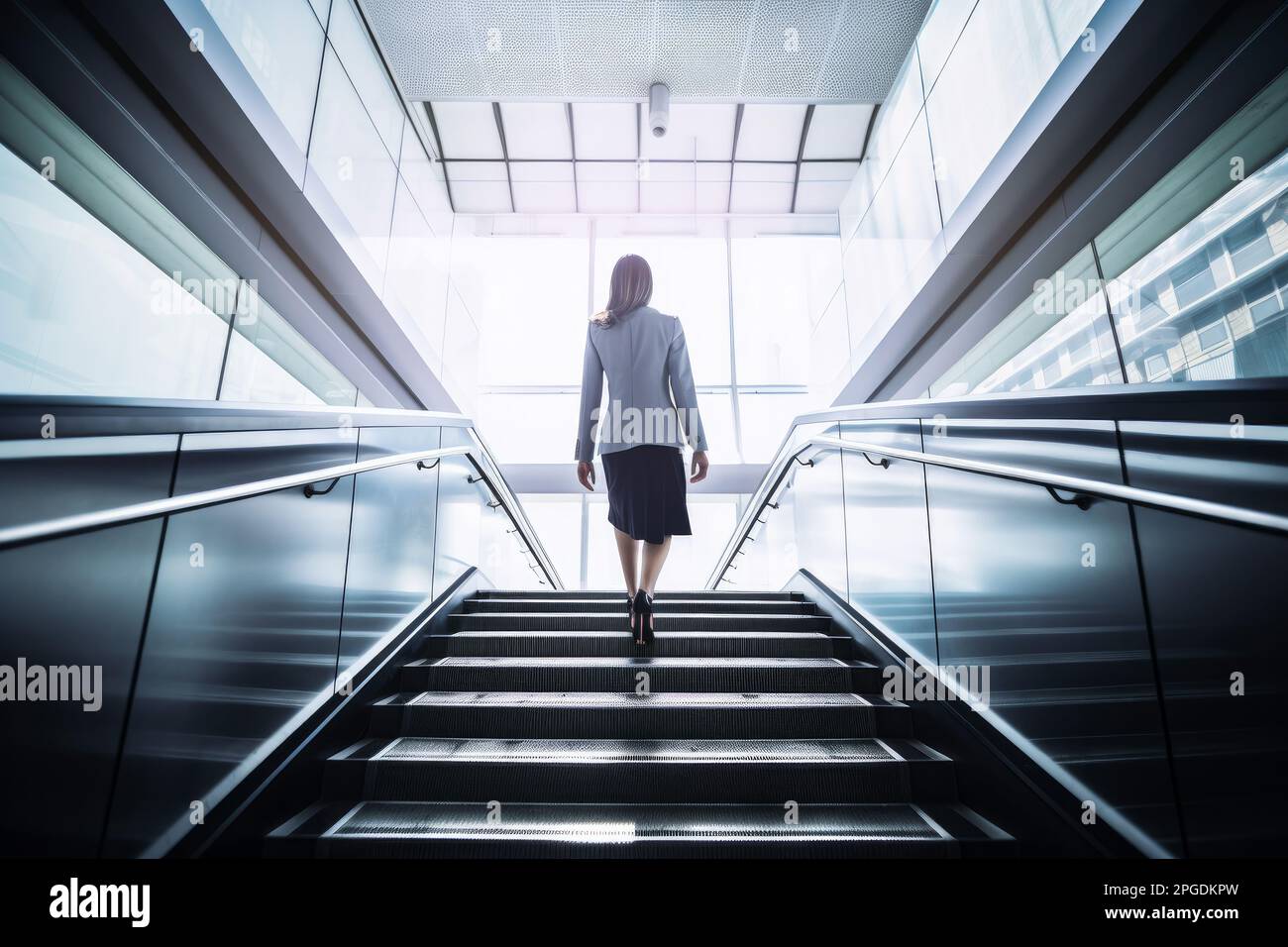 A business woman walking up a staircase in a modern office. female leadership. Generative ai Stock Photo