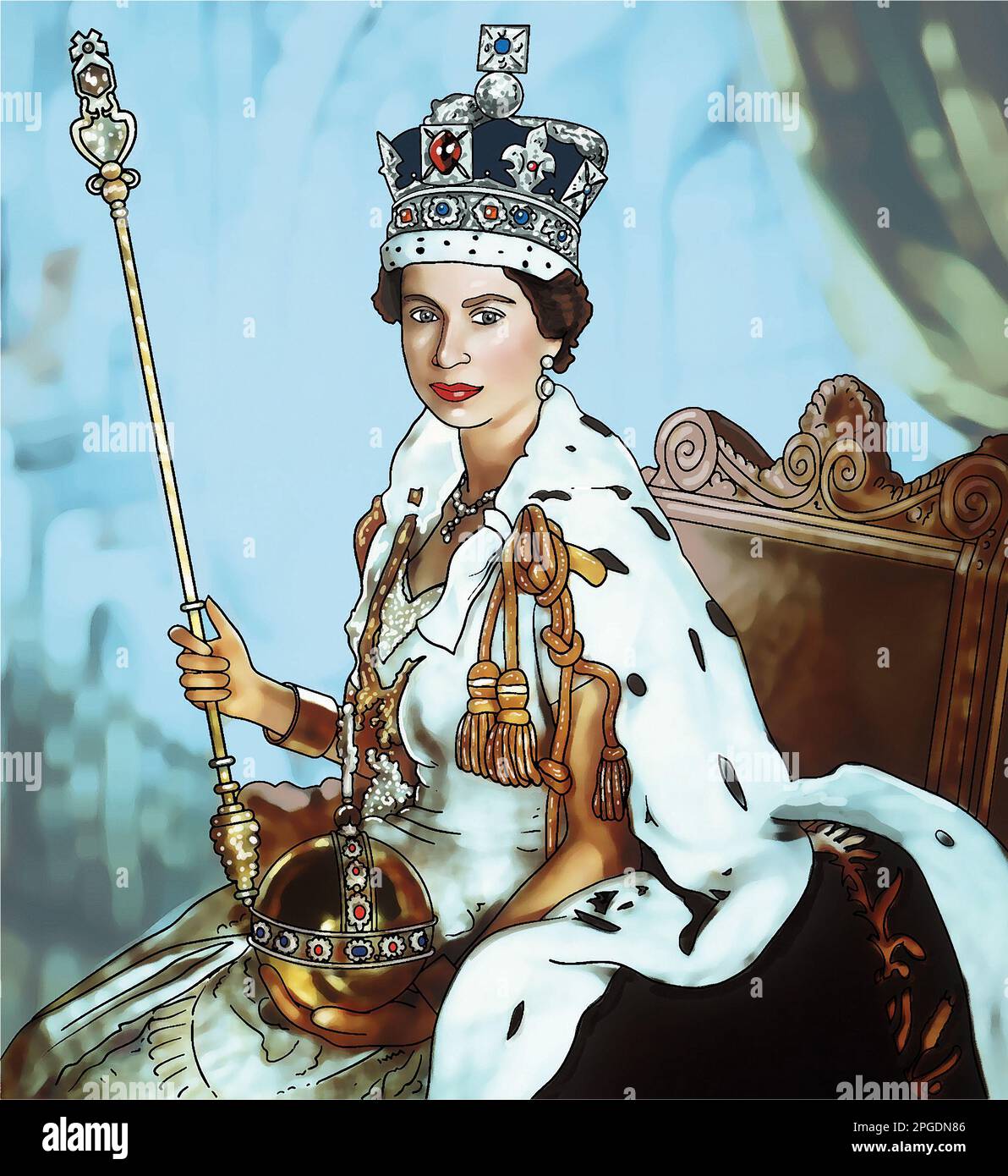 Art illustration of Queen Elizabeth II, Queen of the United Kingdom inspired by the Coronation portrait by Cecil Beaton, Stock Photo