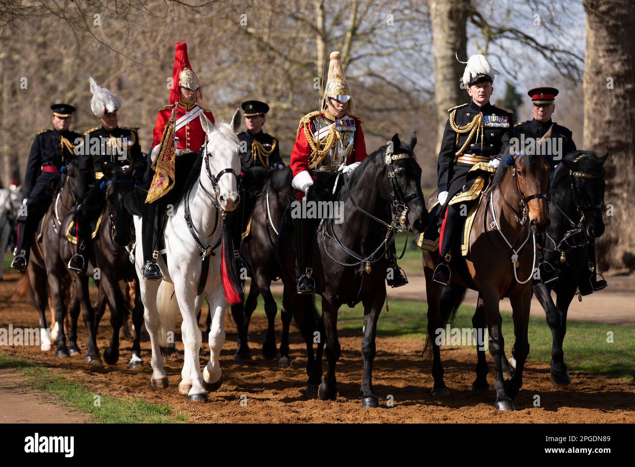 Major General Christopher Ghika (right) departs after the Major General's annual inspection of the Household Cavalry Mounted Regiment, in Hyde Park, London. Picture date: Wednesday March 22, 2023. Stock Photo