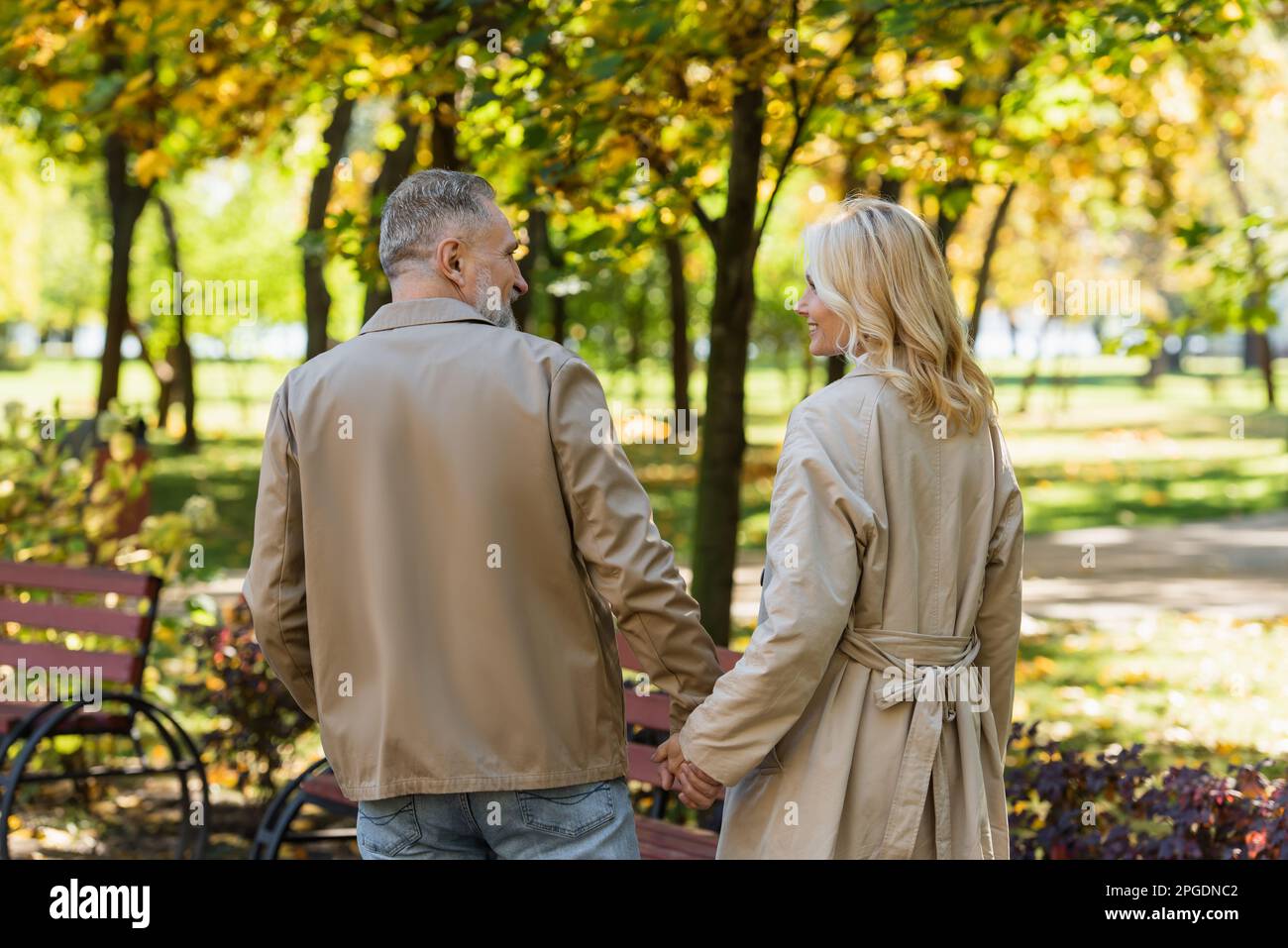 Side view of carefree middle aged couple holding hands while walking in park,stock image Stock Photo