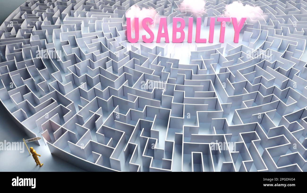 A journey to find Usability - going through a confusing maze of obstacles and difficulties to finally reach usability. A long and challenging path,3d Stock Photo