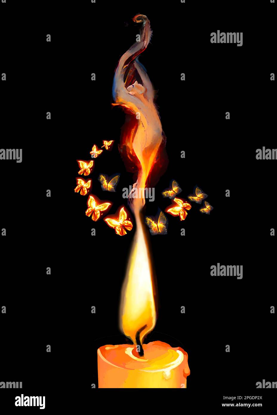 from the flame of a candle a dancing figure is formed surrounded by luminous butterflies Stock Photo