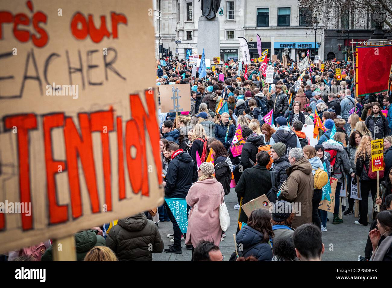 London, UK. 15th March, 2023. Protesters at the biggest demo since the strikes began. The Budget Day protest in central London. Thousands marched through the streets towards Trafalgar Square including teachers, junior doctors, and civil servants all striking for better pay and better working conditions. In total approx. half a million public sector workers across the country walked out over pay. Stock Photo