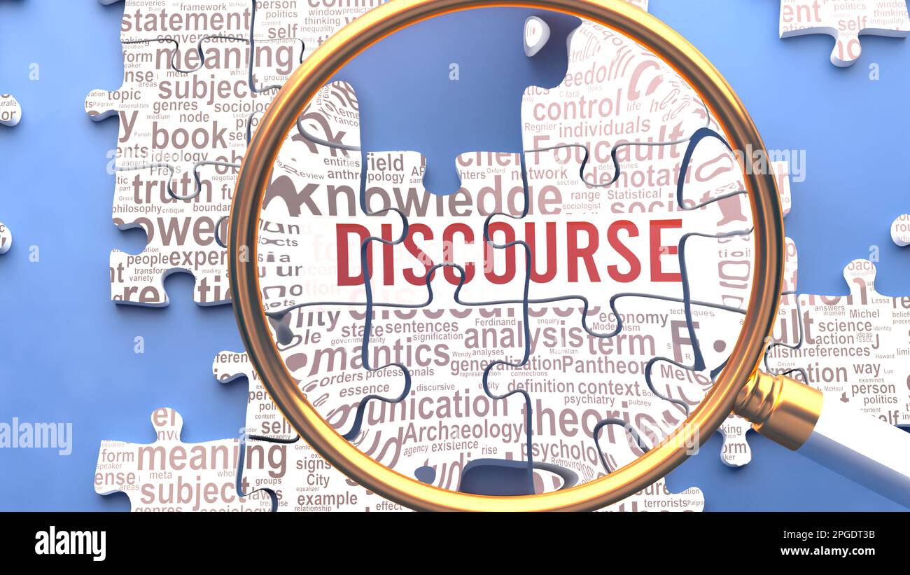 Discourse being closely examined along with multiple vital concepts and ideas directly related to Discourse. Many parts of a puzzle forming one, conne Stock Photo