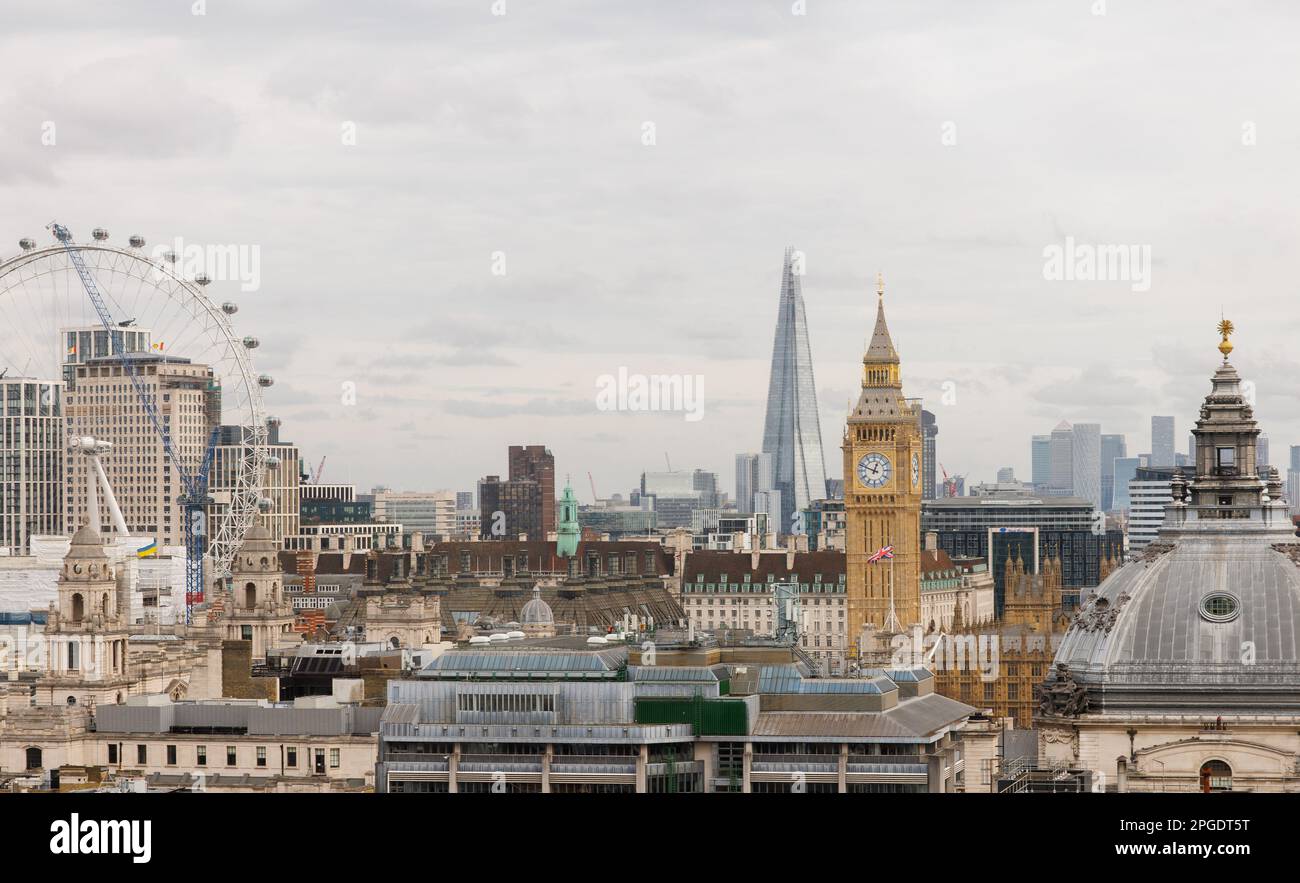 London Skyline from Westminster, with a view of Big Ben, the London Eye, The Shard and Canary Wharf. Stock Photo