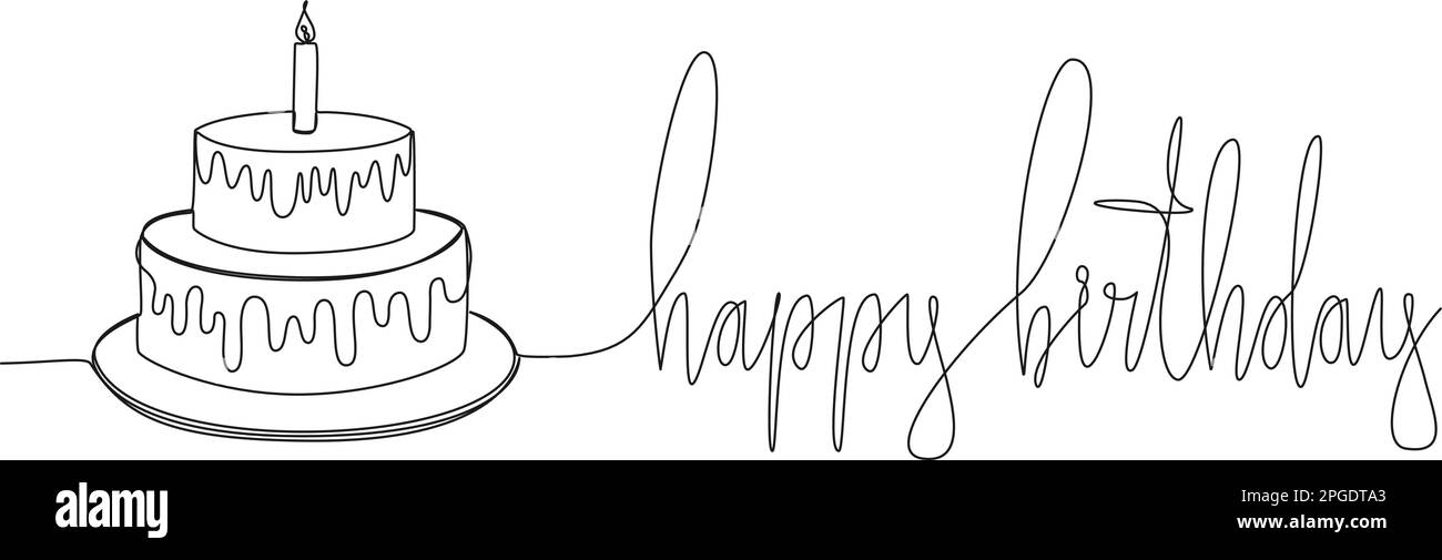 continuous single line drawing of text HAPPY BIRTHDAY and birthday cake with candle on top, line art vector illustration Stock Vector