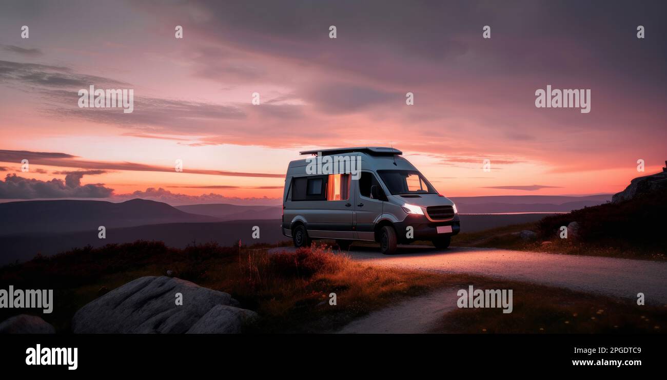 Glowing light from a camper van in a beautiful landscape at dusk. Generative ai Stock Photo