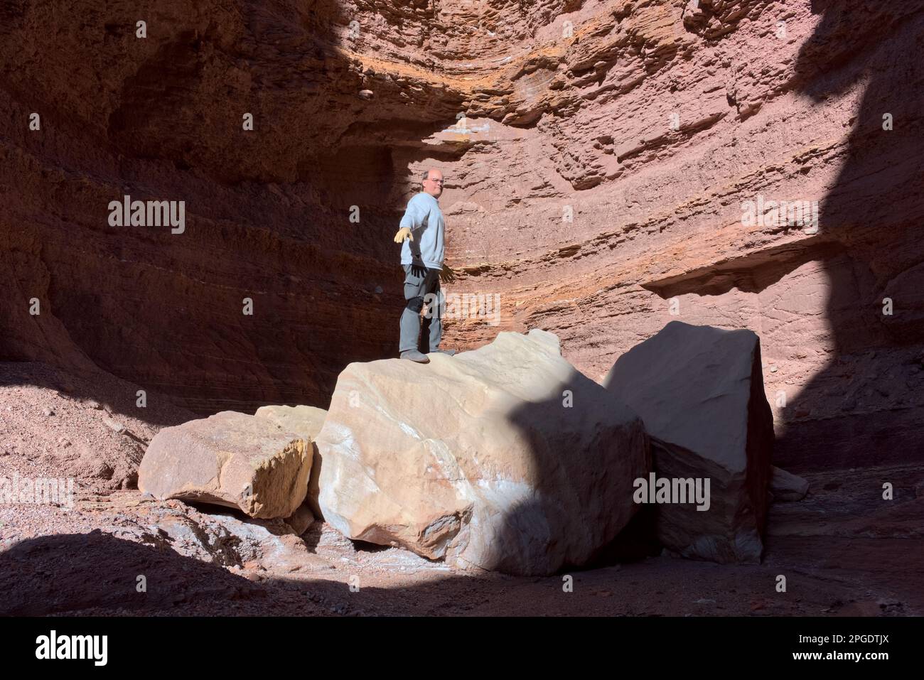 Hiker standing on a Boulder, Upper Cathedral Wash, Marble Canyon, Arizona, USA Stock Photo