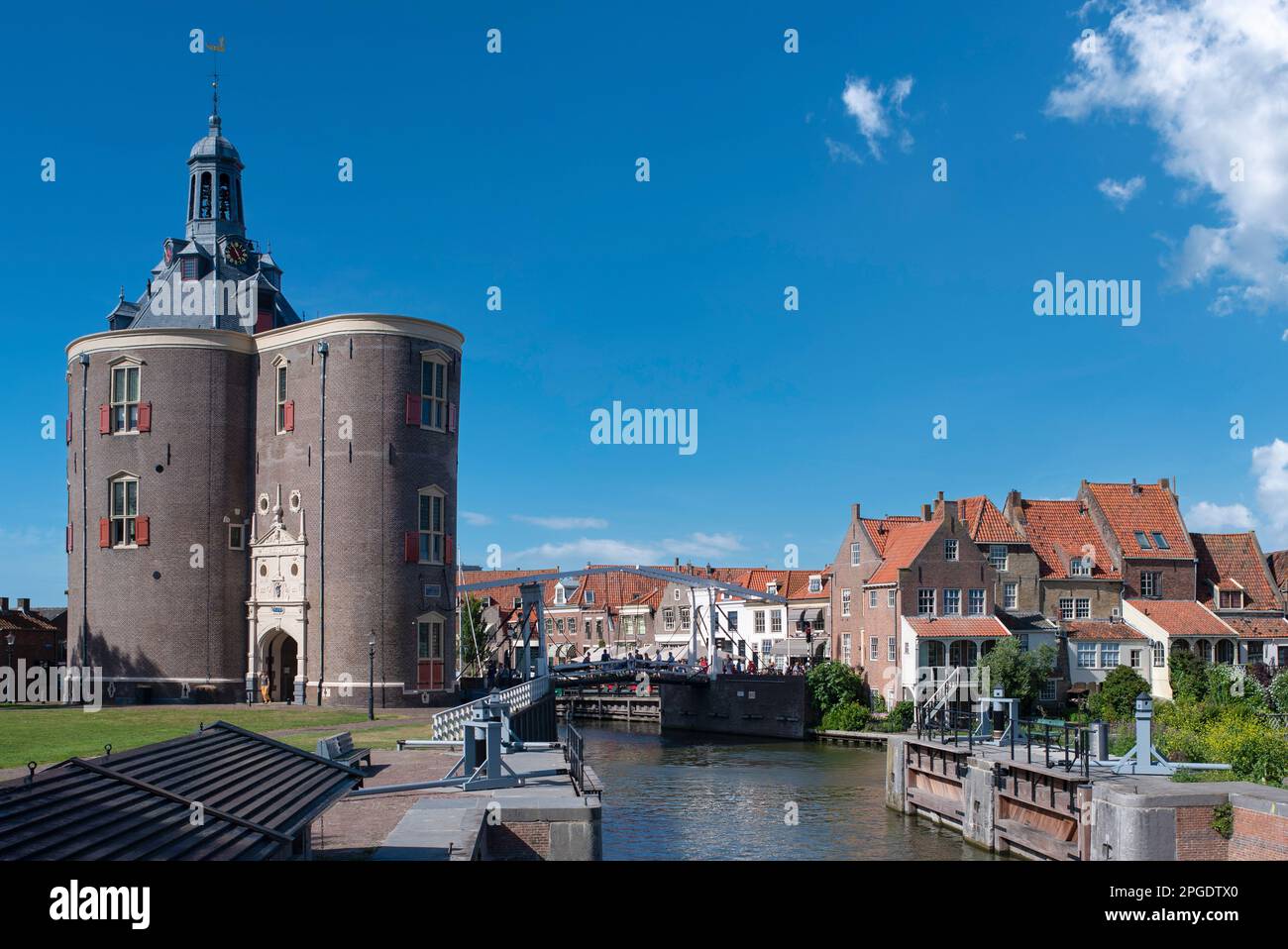 Cityscape with the former defense tower dromedaris and the entrance to the old port, Enkhuizen, North Holland, Netherlands, Europe Stock Photo