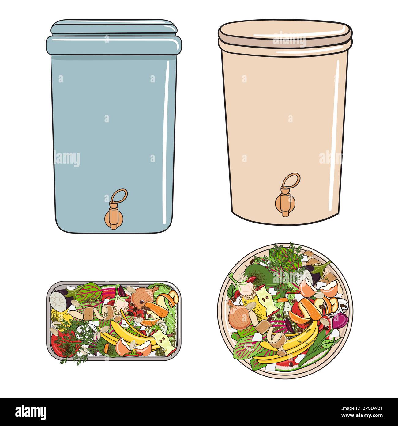 Set of composting bins with kitchen scraps, fruits and vegetables. No