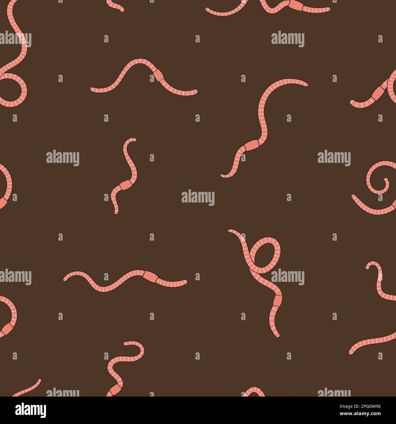 Seamless pattern with worms in soil. Pink earthworms in soil. Worms for vermicomposting. Farming and agriculture. Hand drawn vector illustration. Stock Vector