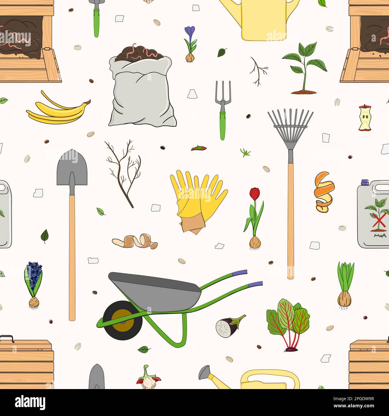 Seamless pattern with organic waste and garden tools. Kitchen scraps, composter, sack with compost. Farming and agriculture. Home composting and zero Stock Vector