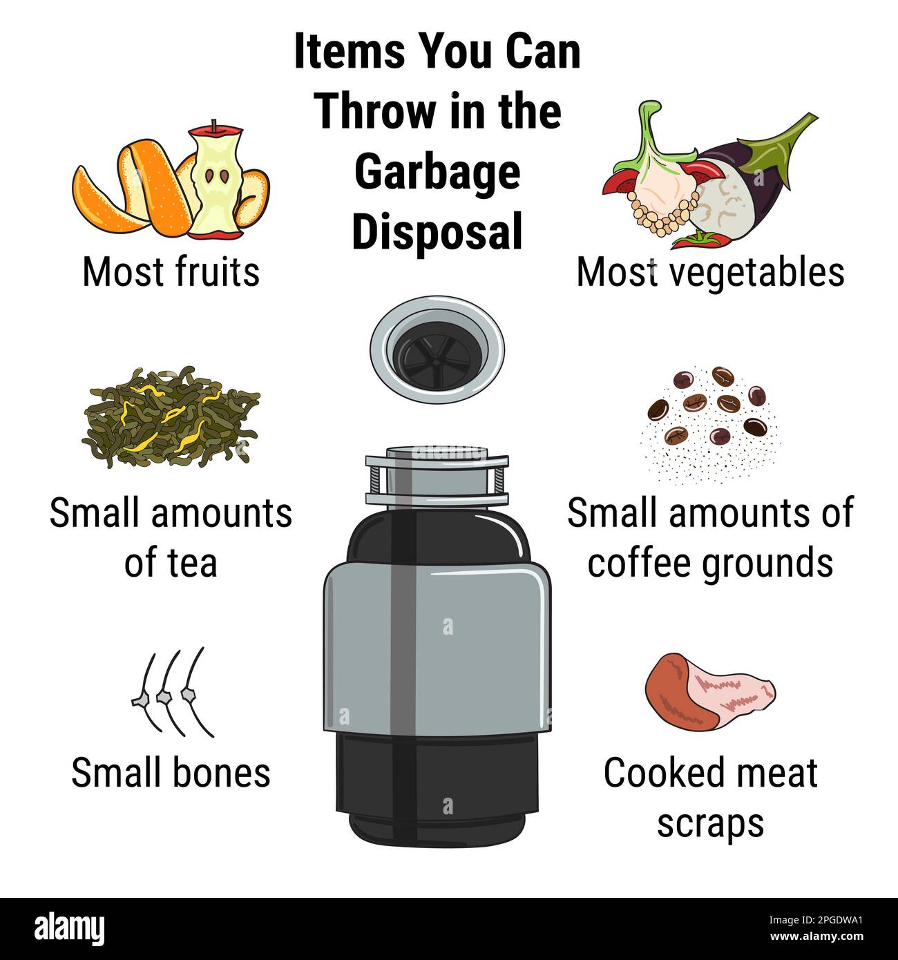 Infographic of food waste disposer for home kitchen sink with kitchen