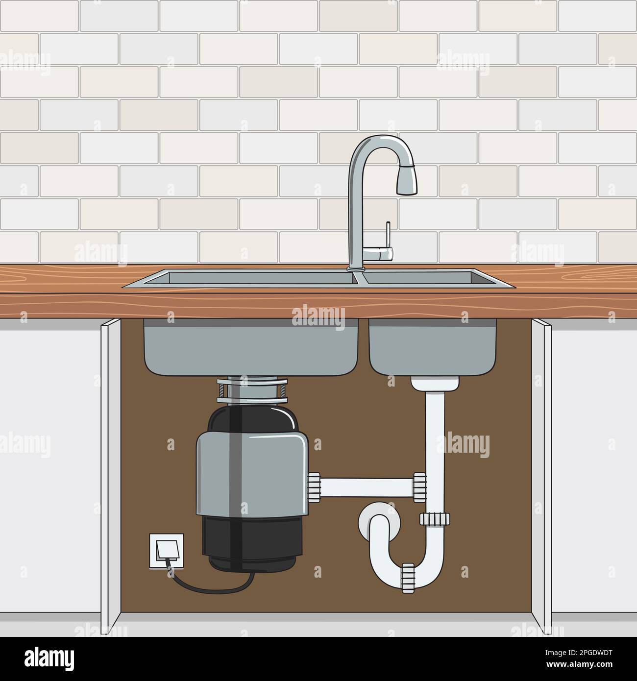 Food waste disposer installed under kitchen sink. Home garbage disposal