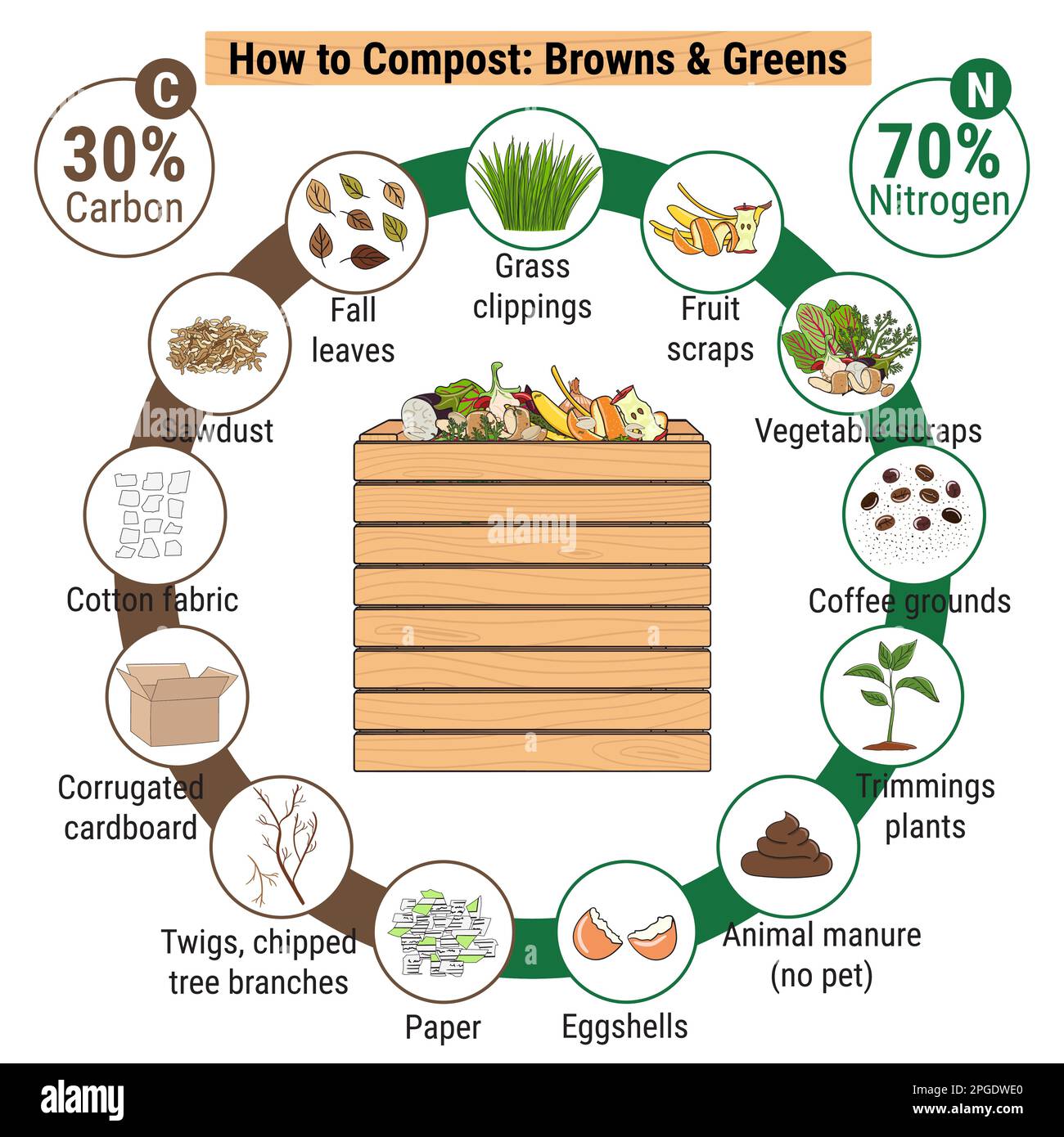 Infographic of garden composting bin with scraps. What to compost